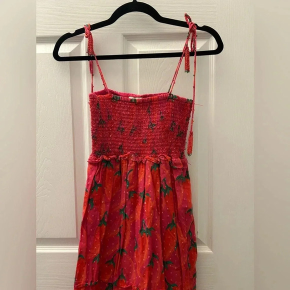 Farm Rio Red Pepper Smocked Tie Ruffle Hem Beaded Strap Dress Red XSmall - Picture 4 of 6